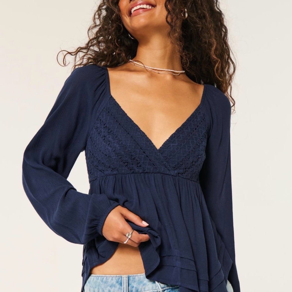 Hollister Easy Lace Bust Babydoll Top - Navy Blue